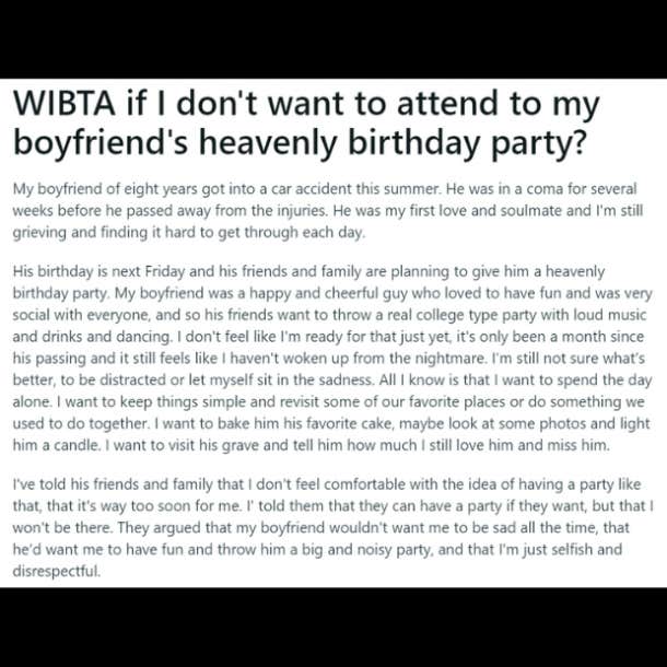 Woman wants to make her boyfriend sad in her own way after being asked to attend Heaven's birthday party